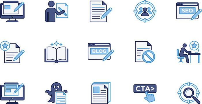 Copywriting and content writing digital marketing line icon set with SEO blogging article storytelling plagiarism ghostwriting and call to action symbols.