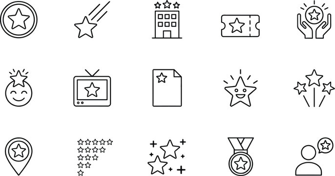 Star and favorite line icon set with shooting star hotel event ticket award wish tv show review medal and celebration elements.