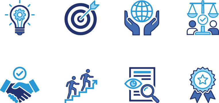 Innovation and core values corporate mission icon set with goals social responsibility business integrity commitment teamwork transparency and quality award symbols.