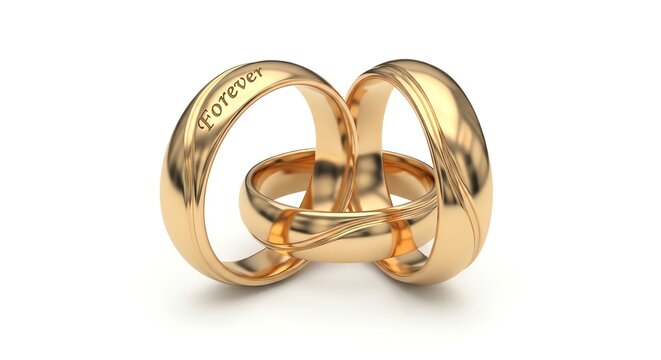 Two interlocking gold wedding rings with forever engraving