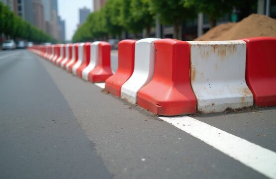 Red and white road barriers line a paved street. Construction zone ahead in the city with trees and buildings. Traffic redirection for safety.