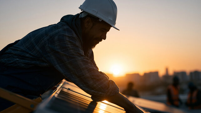 Rim backlighting silhouette of community microgrid technician on scissor lift connecting rooftop solar panels at dusk, Kazakh and Nigerian team members below organizing cable