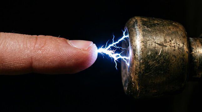 Static electricity spark jumping from finger to metal doorknob, blue electric discharge on black background, kinetic energy and friction concept