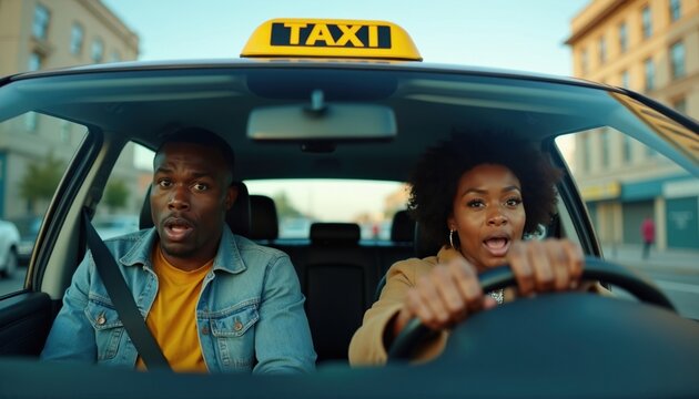 Young woman driver and male passenger have shocked expressions in a yellow taxi. Unexpected event happens on urban street during daytime. People react with surprise and fear while traveling.