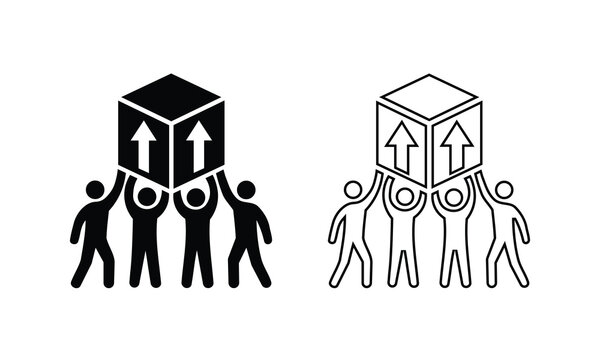 Teamwork people lifting a heavy box with up arrow vector silhouette and outline icon set isolated on white backgroundTeamwork people lifting a heavy box with up arrow vector silhouette and outline ico