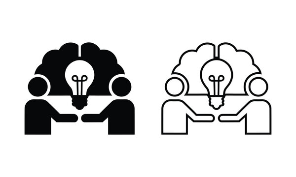 Brainstorming idea innovation teamwork people with lightbulb brain vector silhouette and outline icon set isolated on white background