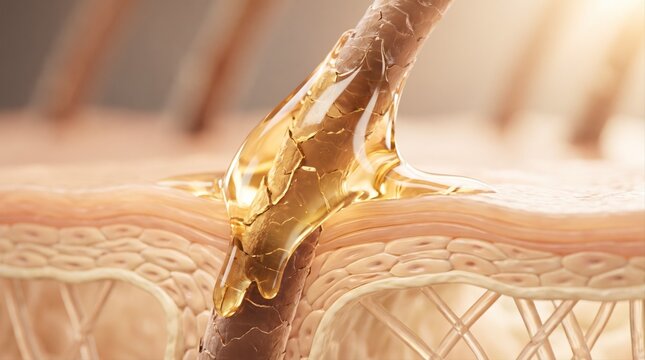 A detailed 3D microscopic view showing a hair strand coated with nourishing oil on human skin.