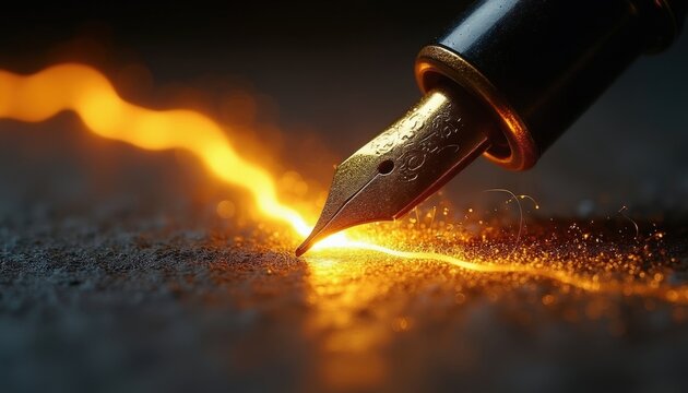 Fountain pen nib writes glowing line. Gold nib creates bright golden light trail and sparks on dark surface. Concept of creation idea inspiration and writing.