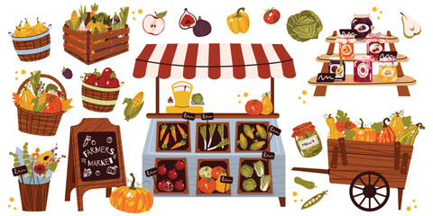 Autumn farmers market clipart with fresh harvest, vegetables, fruit, pumpkins, baskets, market stand, preserves and flowers. Cozy farm vector collection for seasonal designs. © m_matvi