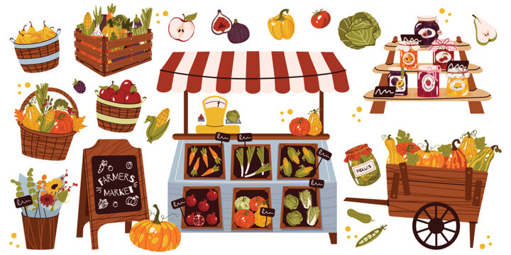 Autumn farmers market clipart with fresh harvest, vegetables, fruit, pumpkins, baskets, market stand, preserves and flowers. Cozy farm vector collection for seasonal designs.