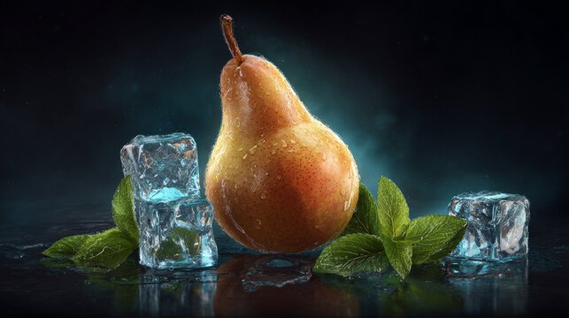A single pear, ripe and glossy, displayed individually on a dark glowing background, soft cinematic lighting, optional ice cubes and fresh mint leaves, no mist, ultra realistic, premium and appetizing
