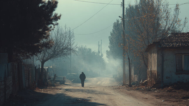 Mountain village in the morning, misty weather, a local person walking along a rural road, authentic lifestyle scene, traditional countryside atmosphere, documentary photography style, soft natural li