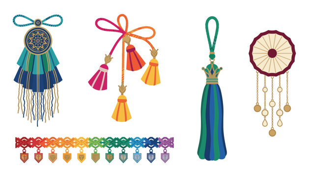 Selection of ornate tassel wall hangings and decorative border elements featuring intricate designs and dreamcatcher styles for home decor.
