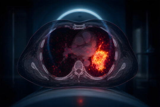 Hyper realistic PET scan showing metabolically active tumor glowing within healthy tissue, advanced nuclear medicine imaging concept with authentic diagnostic accuracy.
