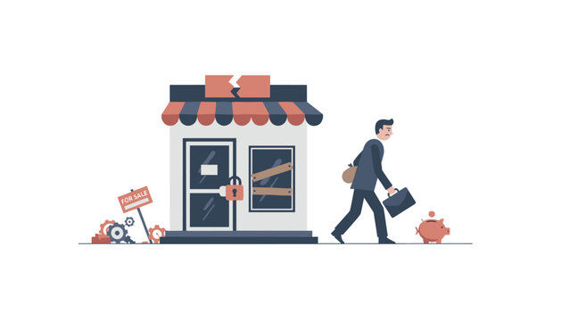 Man walking away from a failed business storefront for sale with a piggy bank representing financial loss and economic hardship concept.