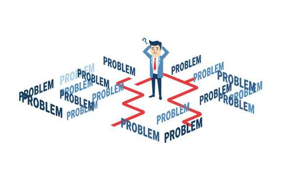 Businessman standing overwhelmed inside a maze of red lines labelled problem representing stress and challenges in professional life.