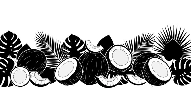 Seamless black and white pattern with tropical coconuts and palm leaves.