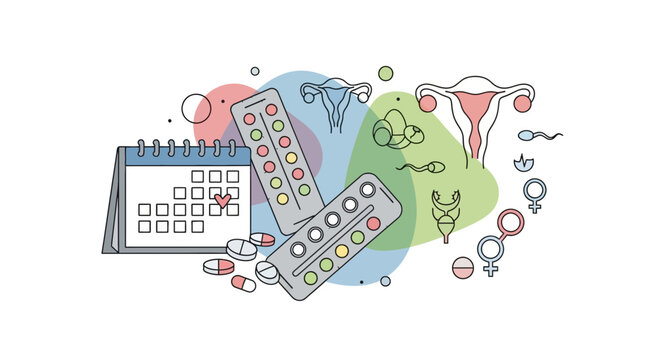 Medical illustration of birth control methods and reproductive health icons.