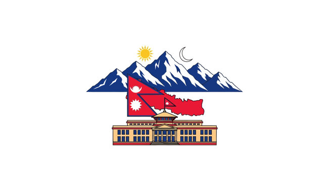 Emblem of Nepal featuring Singha Durbar and Himalayan peaks.