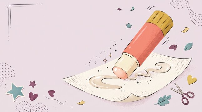 Glue stick applying adhesive on paper with scattered decorations  