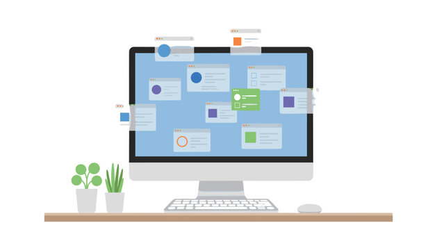 Digital workspace with a clean desktop computer setup featuring floating application windows and potted plants for a professional office aesthetic.