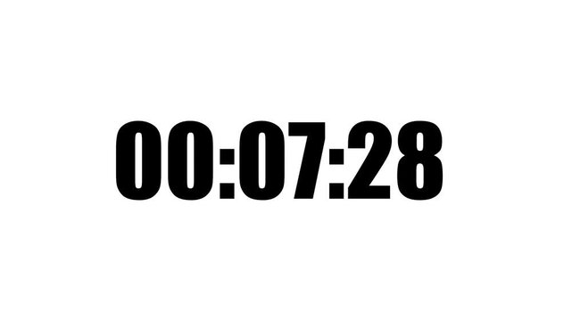 Digital countdown timer from fifteen minutes to zero, 00:15:00 to 00:00:00, on dark background, representing deadline, urgency, final countdown, time management