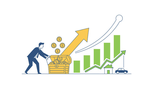 Business man pulling a treasure chest filled with gold coins towards an upward trending growth chart with icons of a house and a car.