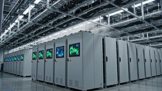 Static Shot of a Modern Backup Power Room Featuring Rows of Heavy Floor-Standing Battery Systems for Uninterrupted Power Supply Management
