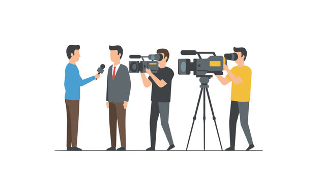 News reporter interviewing a businessman while two cameramen record the event for a television broadcast segment production.