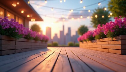 Fototapeta premium Decked terrace with pink flowers, string lights overlooks city skyline at sunset. Wooden planters, floor create inviting outdoor space. Warm bokeh background adds ambiance for events or relaxation.