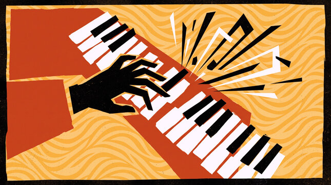 minimalist block print style illustration of a jazz pianist