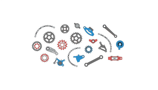 Detailed collection of various bicycle components such as gears chains and drive train parts for mountain bike repair and maintenance tasks.