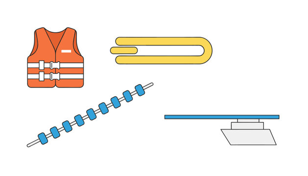 Water sports safety and training gear featuring a life jacket and a kickboard with a pool lane divider and a diving board for aquatic sports.
