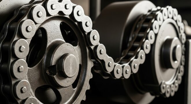 Close-up of Industrial Machine Gears and Chains in Operation.