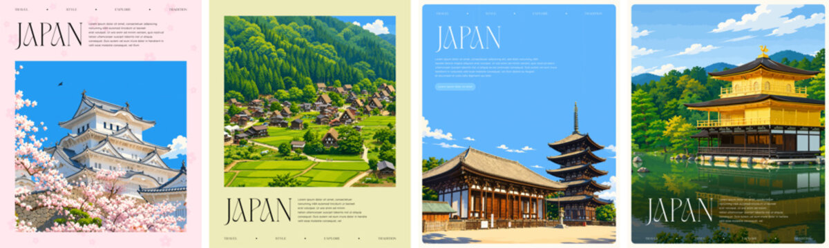 Vector post stamps of Japan famous landmarks and architectures. Colorful illustration of Japanese cities and tourist attractions. Covers for stamps, background, icons, stickers and advertisement.
