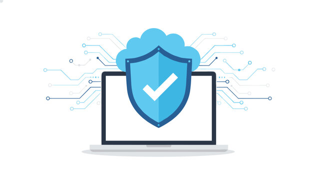 Laptop featuring a secure shield icon and cloud integration representing network connectivity, digital infrastructure, and online protection.