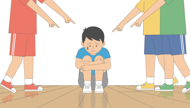 Concept illustration of school children bullying a lonely classmate who is crouching on the floor and crying due to intense peer pressure.