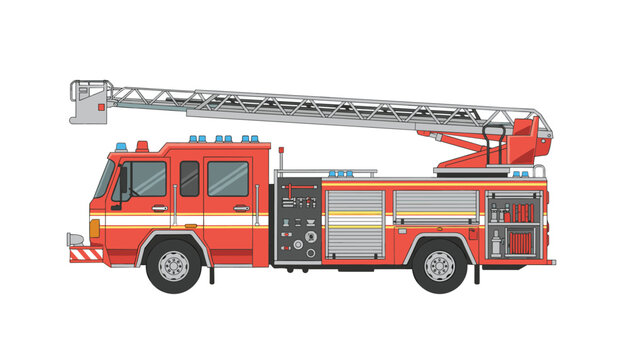 Red fire truck with an extendable aerial ladder parked against a white background, demonstrating emergency vehicle equipment for public safety.