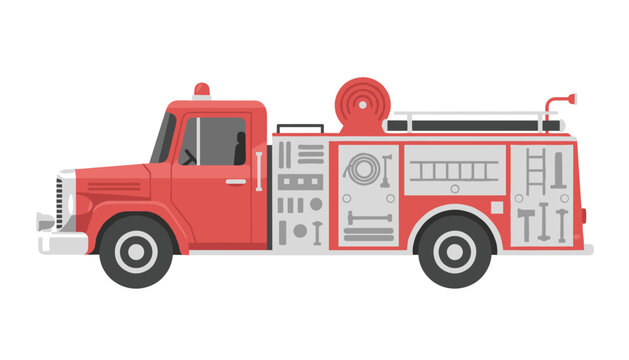 Side profile of a red fire engine displaying various firefighting tools and hose compartments, designed for emergency response and rescue operations.