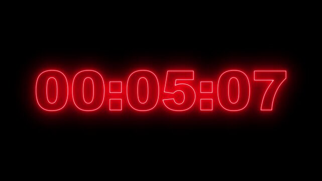 Glowing neon 10 minute Countdown timer. neon 0 to 10 minute Countdown timer on black background.
