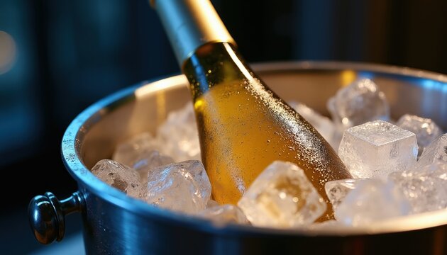 Bottle of white wine chills in ice bucket. Metal container holds clear ice cubes. Cool beverage ready for serving. Refreshment for celebration.