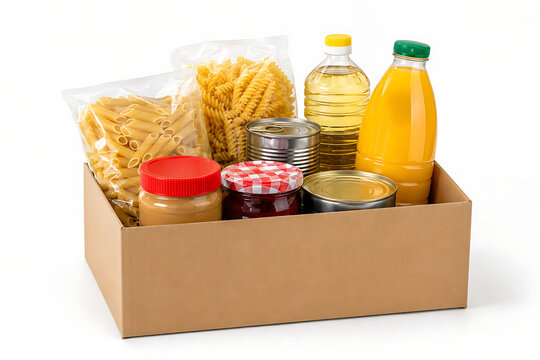 Food donation box with non-perishable groceries, cardboard delivery carton filled with pasta and canned goods, emergency relief supplies for charity isolated on White Background ai