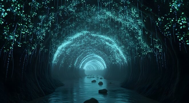 Ethereal glowing tunnel of trees with a stream flowing through it