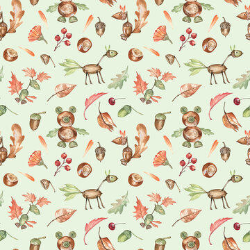 Autumn seasonal pattern with cute bears, squirrels, horses, and birds created from acorns, chestnuts and leaves. Watercolor hand-drawn elements on light green background. Perfect for pajamas and paper