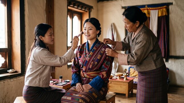 Bhutanese bridal dressing, Colorful kira inspired garment, Woven sash adjustment, Himalayan bride preparation, Clean cultural portrait