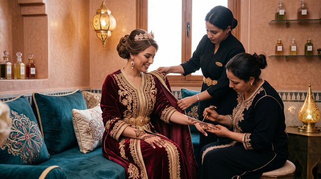 Moroccan bridal henna and dressing, Ornate caftan and jewelry, Henna hand detail close up, North African bride portrait, Festive wedding styling