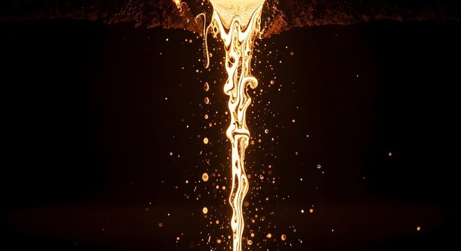 Molten gold liquid pouring and splashing against a dark, contrasting