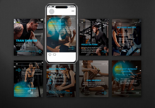 Instagram carousel template ait vector editable social media post set fitness gym sports marketing modern clean layout pack