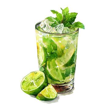 Watercolor drawing of Mojito, on clean white background