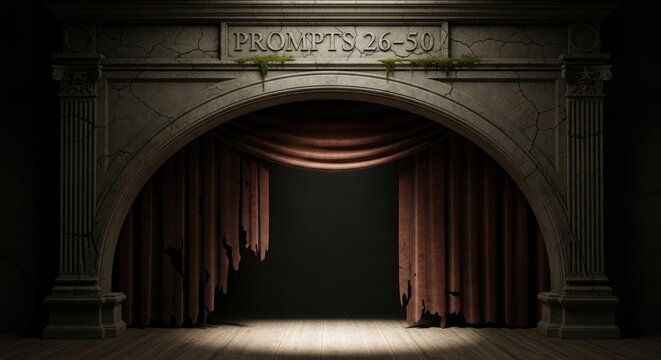 Dramatic Theater Stage with Curtains and Spotlights in Dim Lighting.